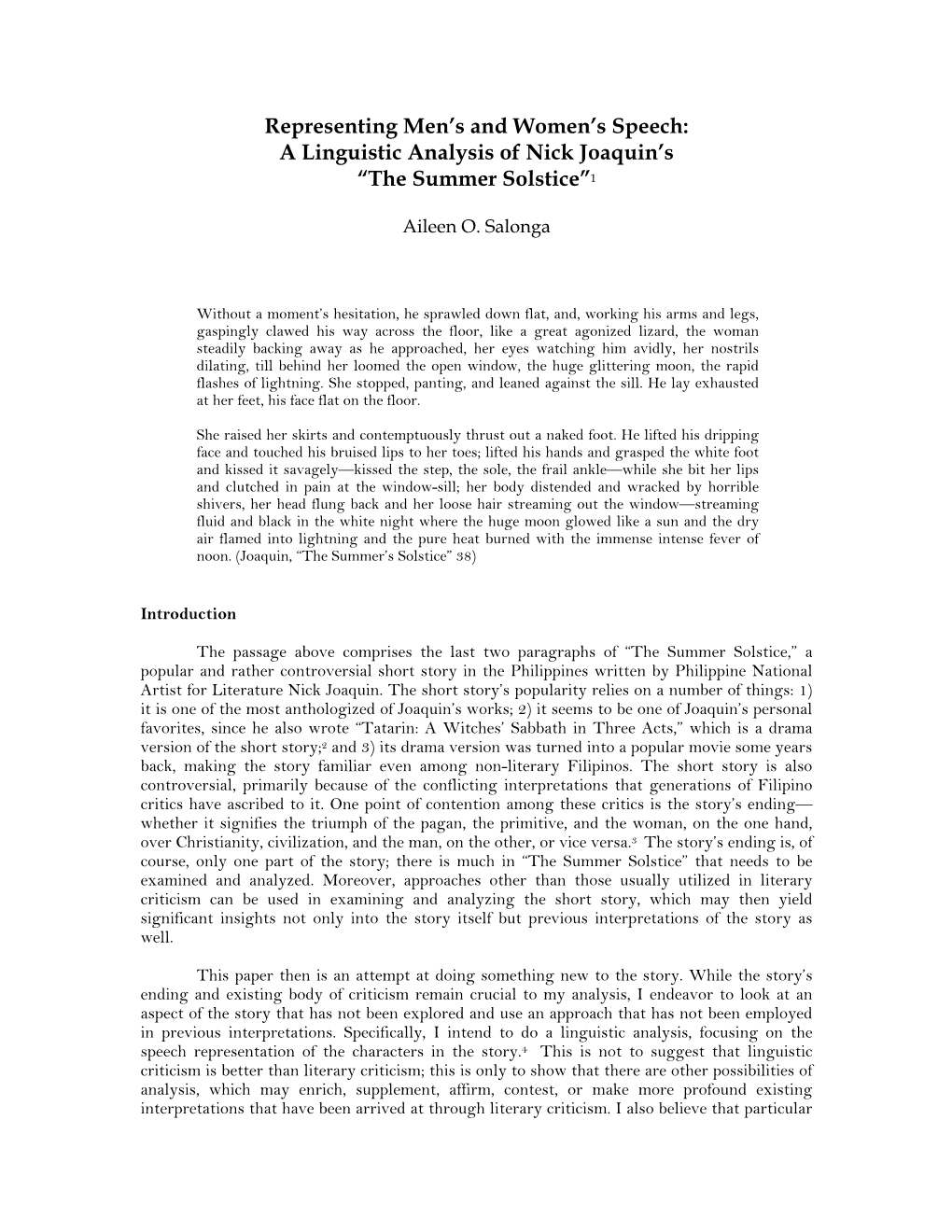 Representing Men's and Women's Speech: a Linguistic Analysis of Nick Joaquin's