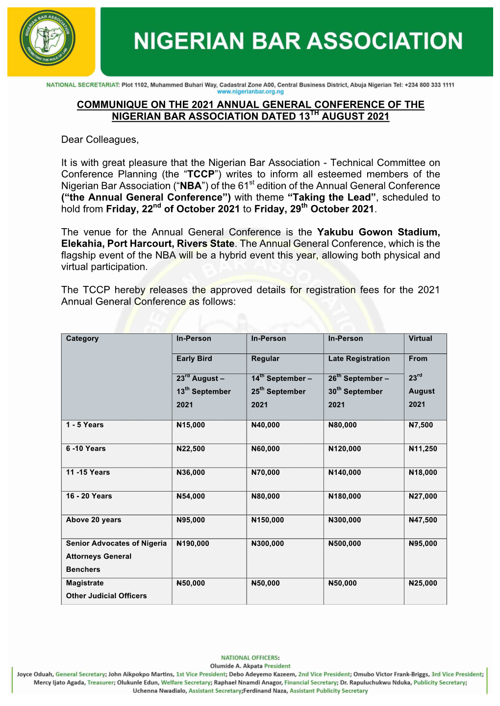 Communique on the 2021 Annual General Conference of the Nigerian Bar Association Dated 13Th August 2021