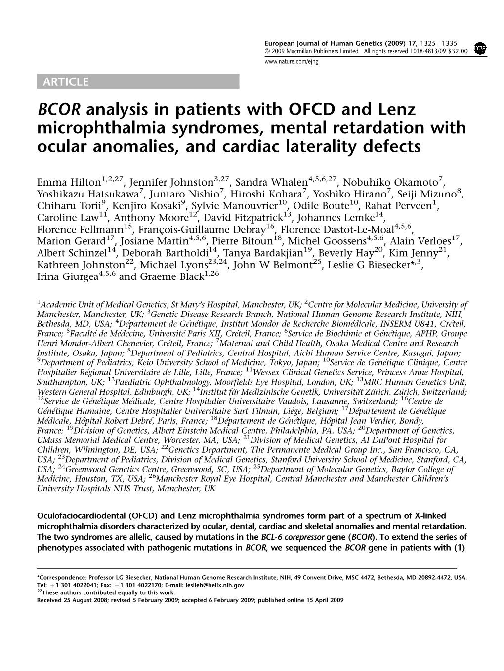 BCOR Analysis in Patients with OFCD and Lenz Microphthalmia Syndromes, Mental Retardation with Ocular Anomalies, and Cardiac Laterality Defects