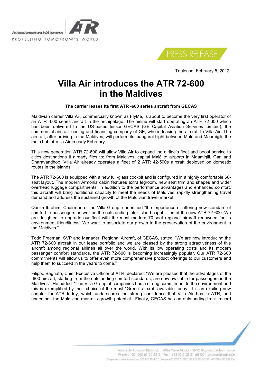 Villa Air Introduces the ATR 72-600 in the Maldives