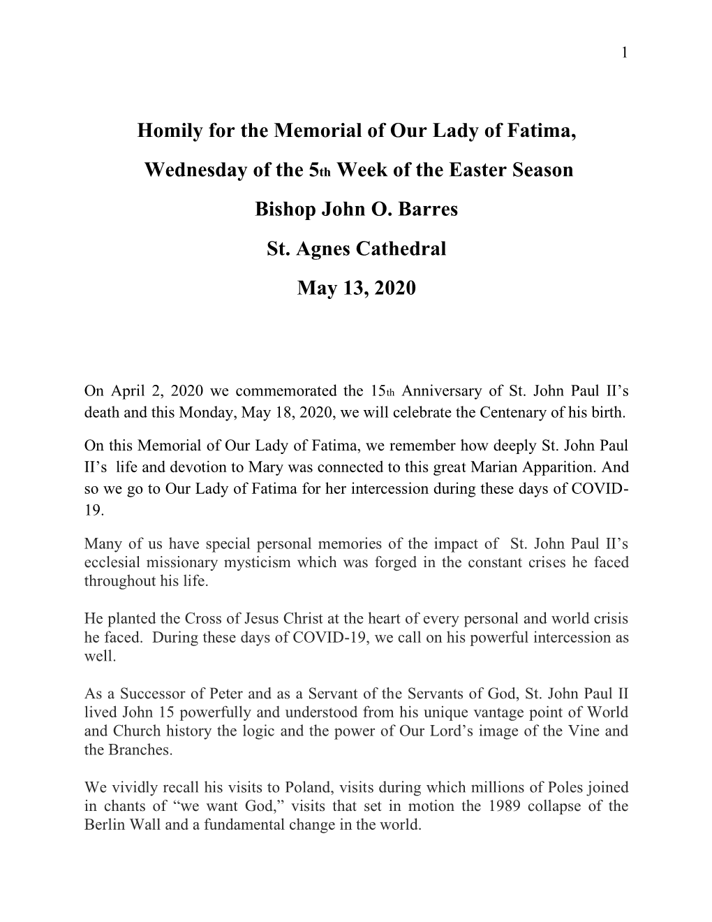 Homily for the Memorial of Our Lady of Fatima, Wednesday of the 5Th