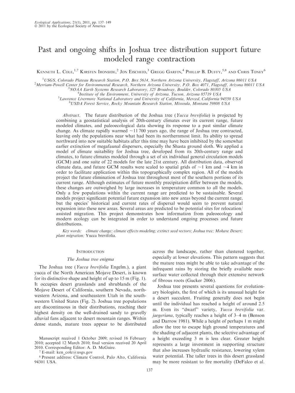 Past and Ongoing Shifts in Joshua Tree Distribution Support Future Modeled Range Contraction