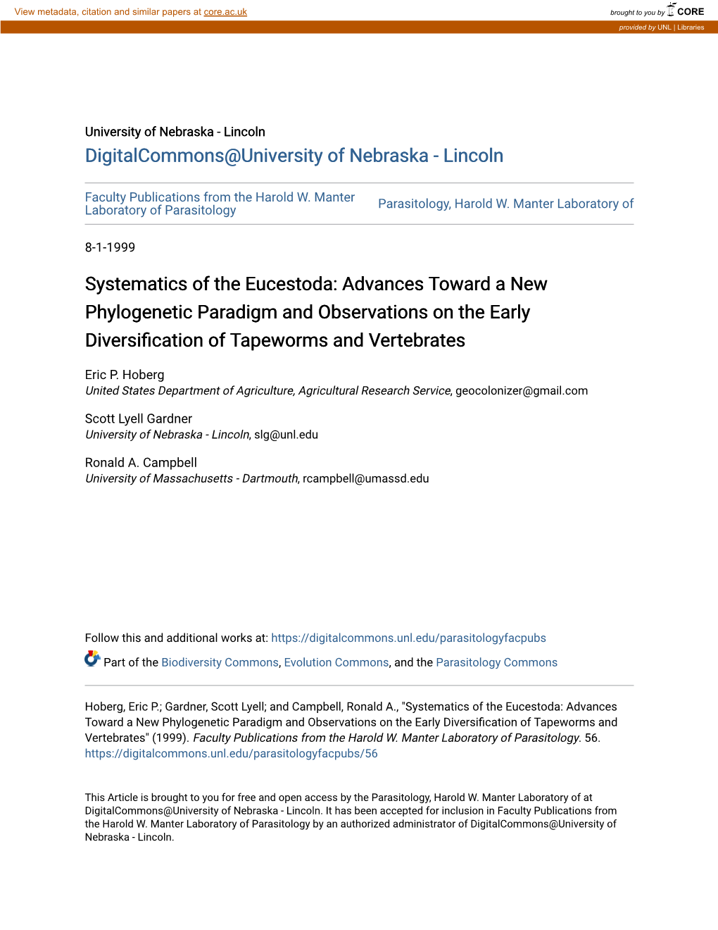 Systematics of the Eucestoda: Advances Toward a New Phylogenetic Paradigm and Observations on the Early Diversification of Apewormst and Vertebrates