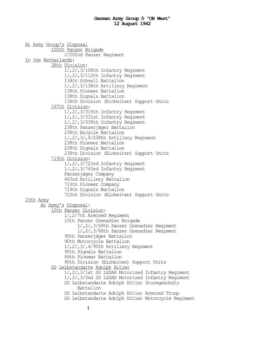 German Army Group D OB West, 12 August 1942