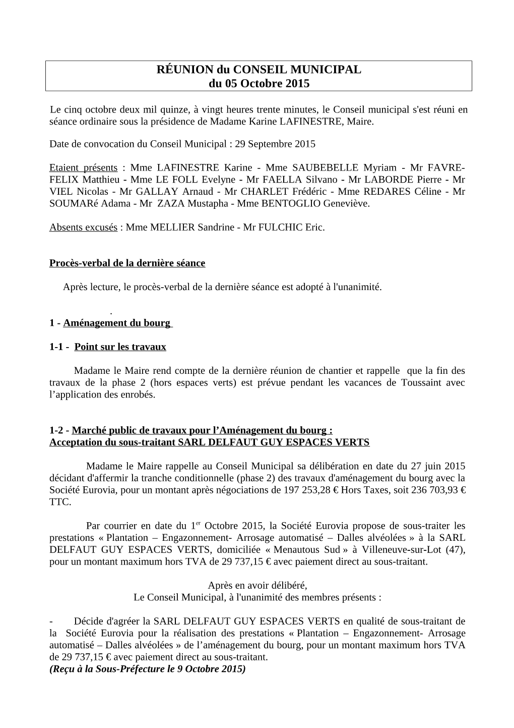 RÉUNION Du CONSEIL MUNICIPAL Du 05 Octobre 2015