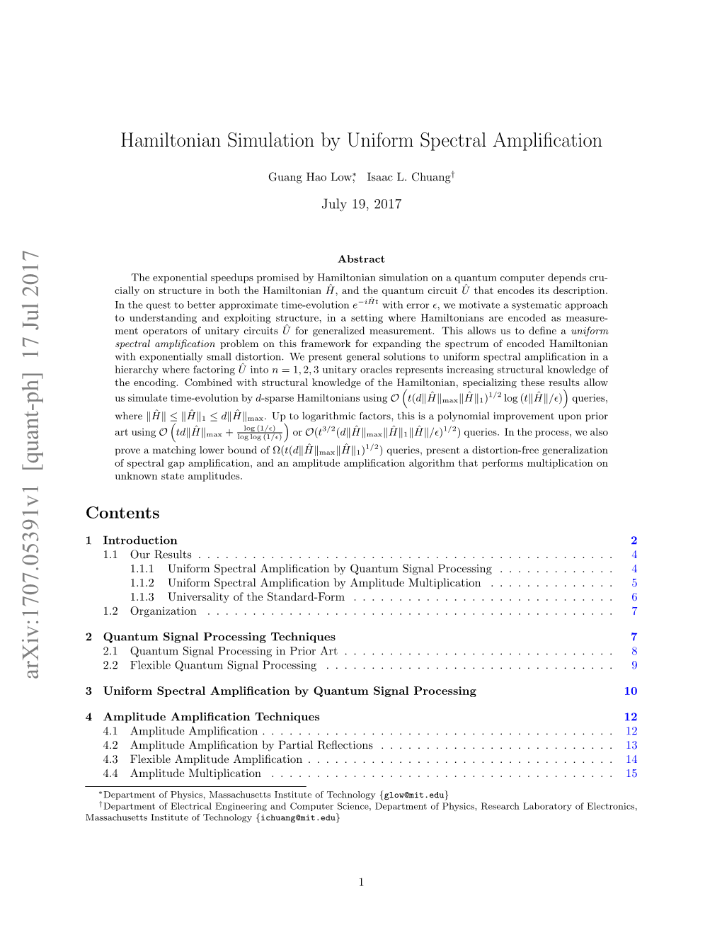 Hamiltonian Simulation by Uniform Spectral Amplification