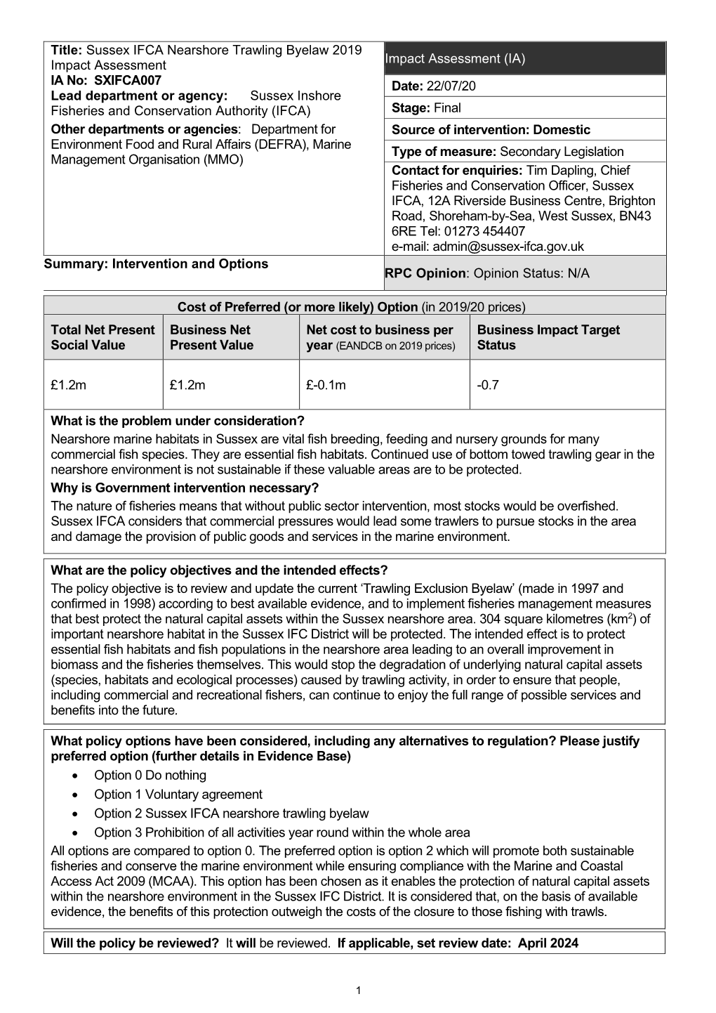 Sussex IFCA Nearshore Trawling Byelaw 2019 Impact Assessment IA