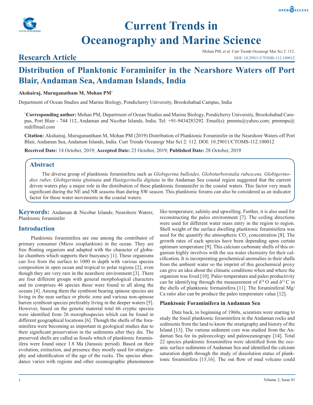 Current Trends in Oceanography and Marine Science Mohan PM, Et Al