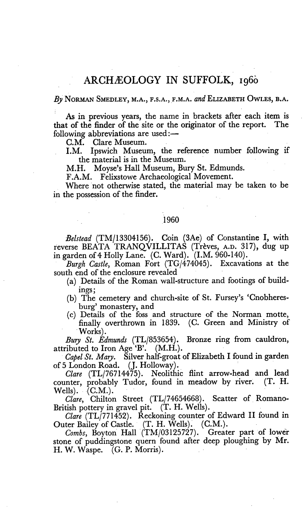 Archaeology in Suffolk, 1960 N. Smedley, E. J. Owles