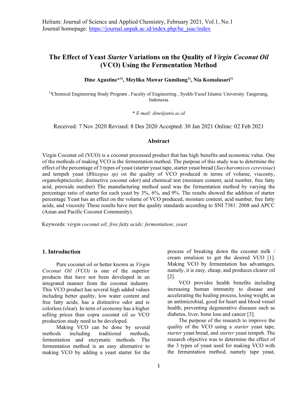 The Effect of Yeast Starter Variations on the Quality of Virgin Coconut Oil (VCO) Using the Fermentation Method