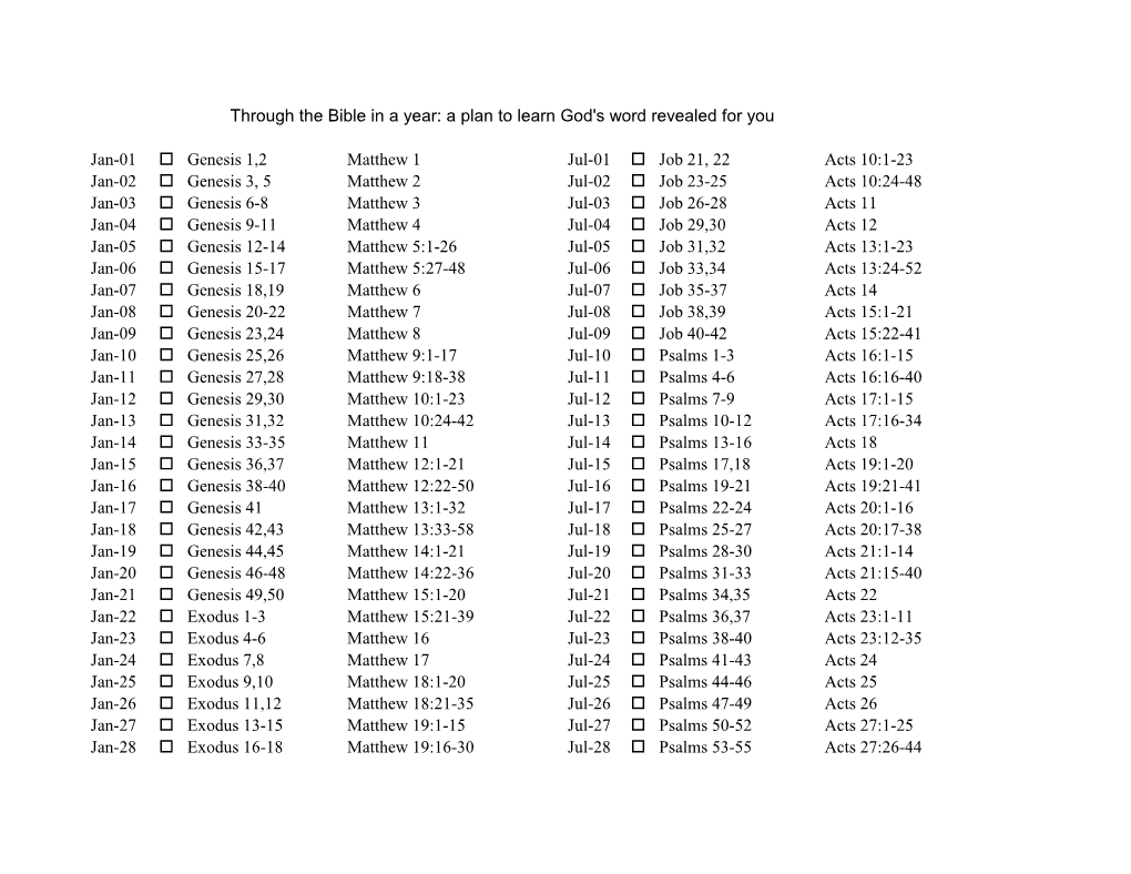 Through the Bible in a Year: a Plan to Learn God's Word Revealed for You Jan-01 Genesis 1,2 Matthew 1 Jul-01 Job 21, 22