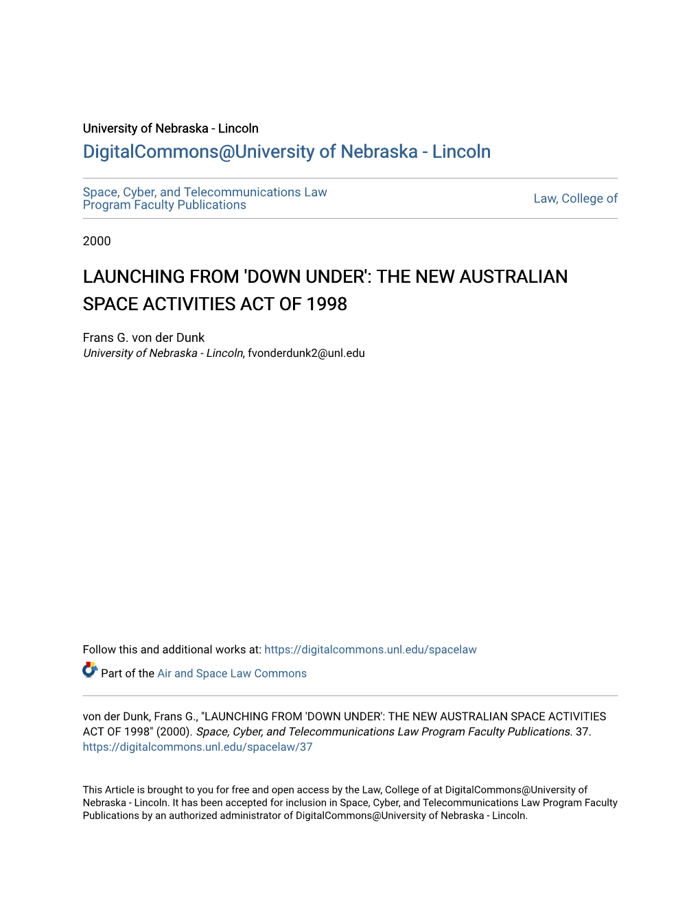 Launching from 'Down Under': the New Australian Space Activities Act of 1998