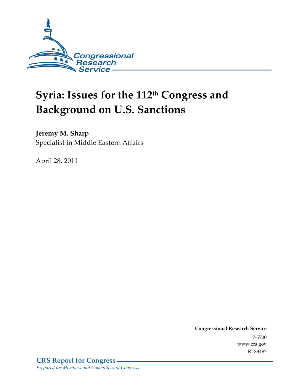 Syria: Issues for the 112Th Congress and Background on U.S. Sanctions