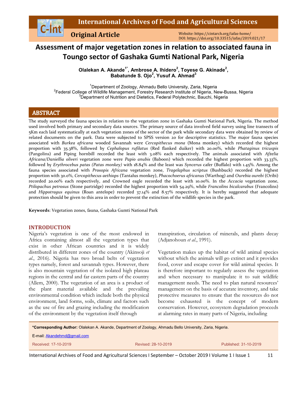 Assessment of Major Vegetation Zones in Relation to Associated Fauna in Toungo Sector of Gashaka Gumti National Park, Nigeria