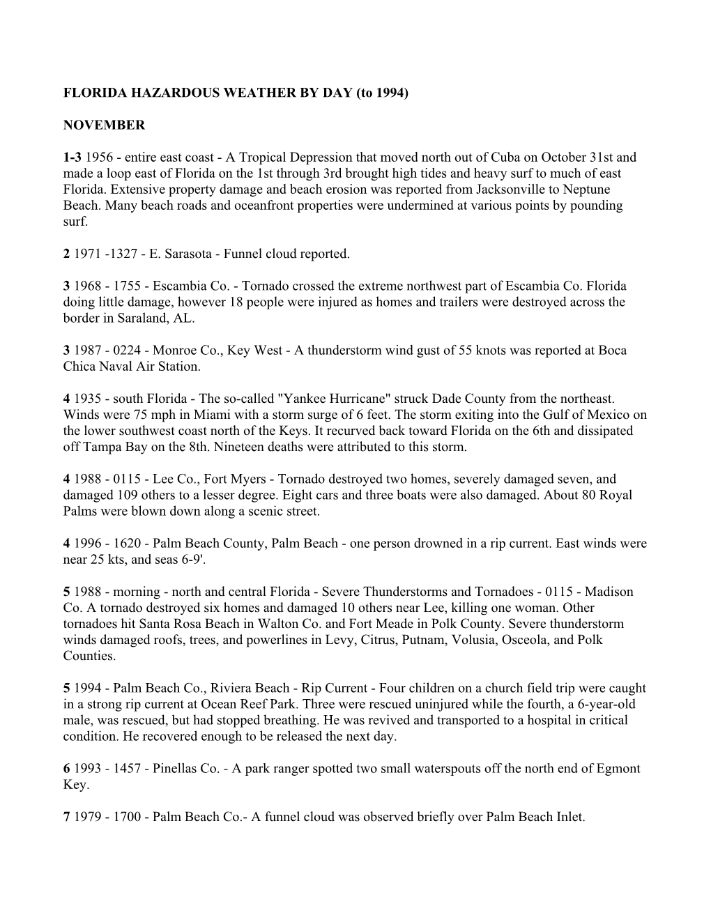 FLORIDA HAZARDOUS WEATHER by DAY (To 1994) NOVEMBER 1-3 1956