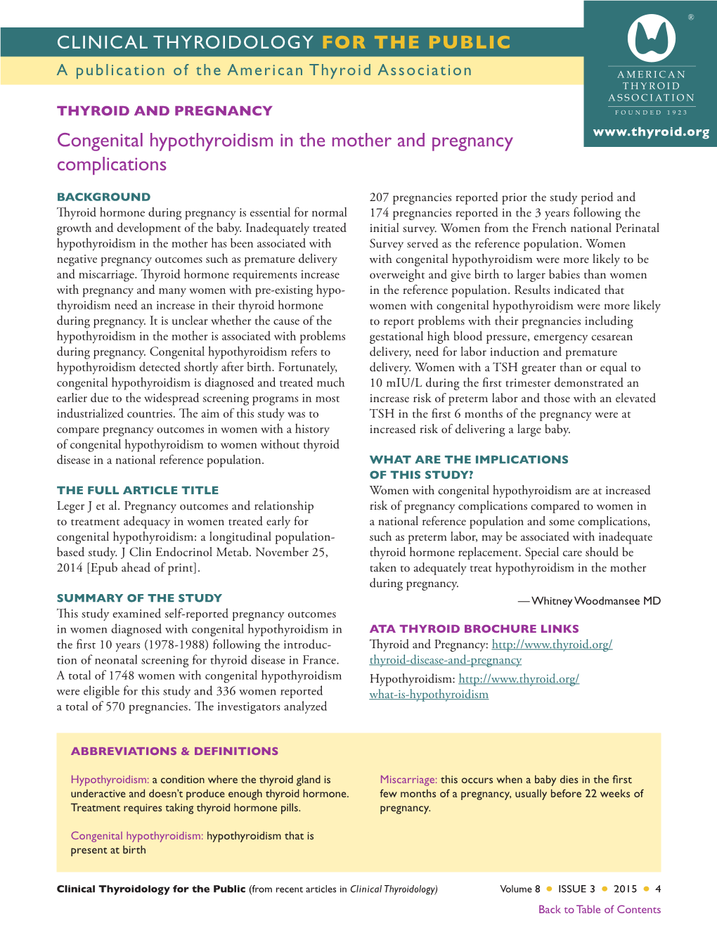 Congenital Hypothyroidism in the Mother and Pregnancy Complications