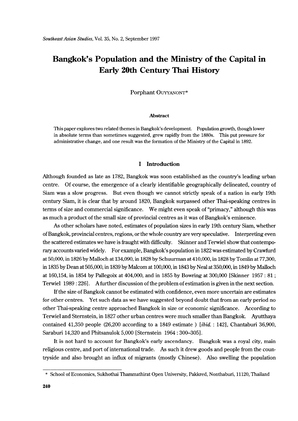 Bangkok's Population and the Ministry of the Capital in Early 20Th Century Thai History