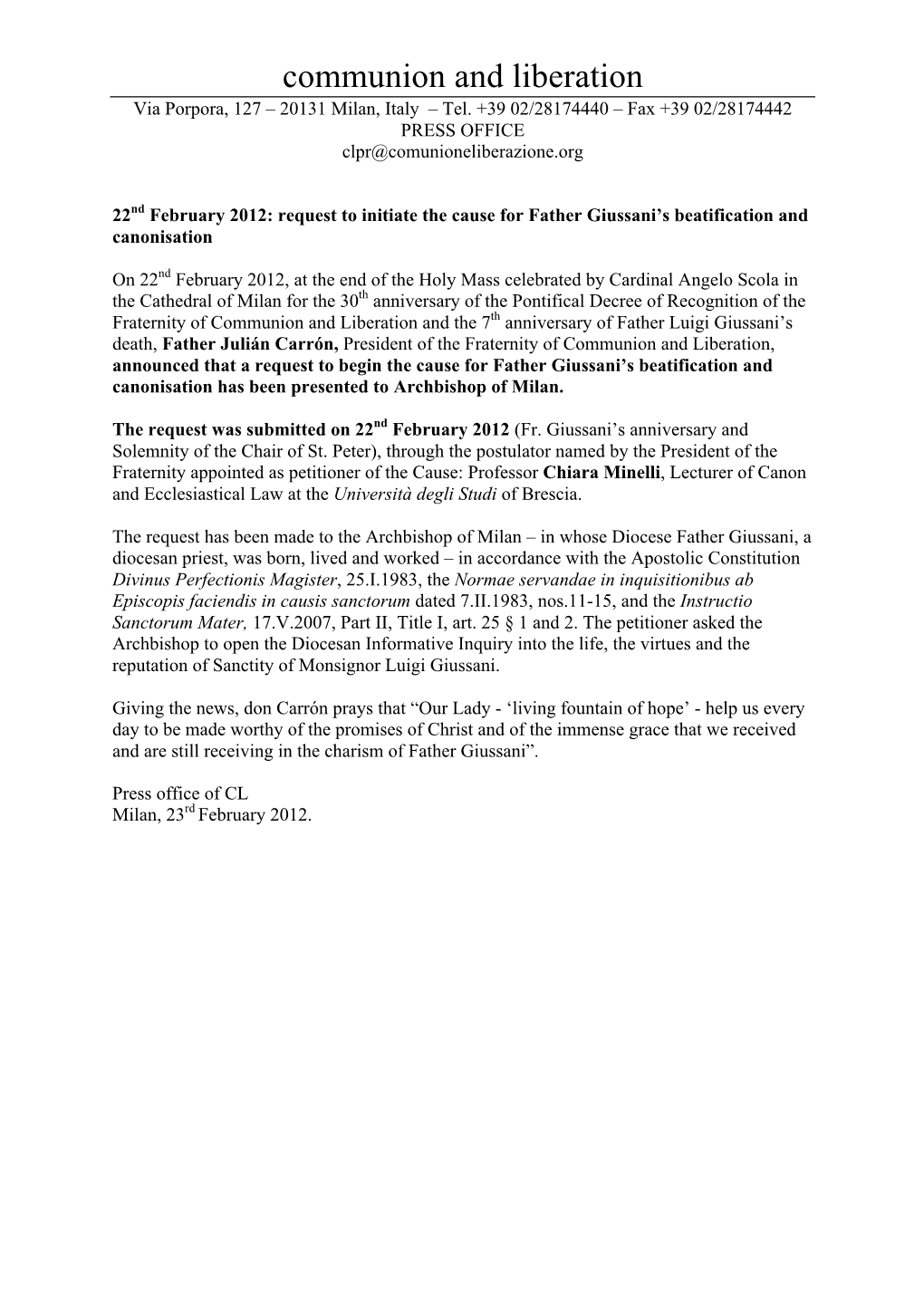 Press Release for Canonization for Father Giussani.Pdf