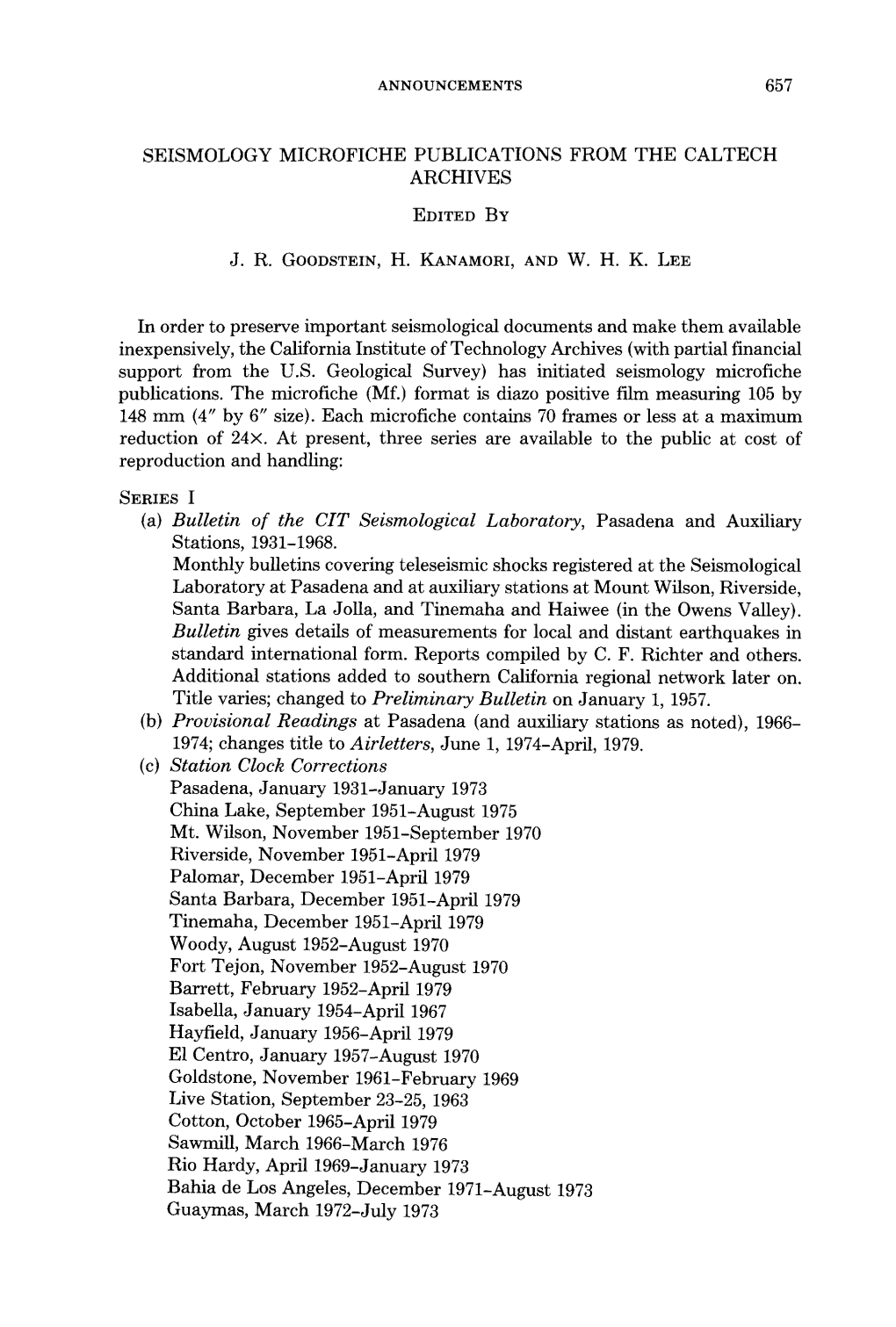 Bulletin of the CIT Seismological Laboratory, Pasadena and Auxiliary Stations, 1931-1968