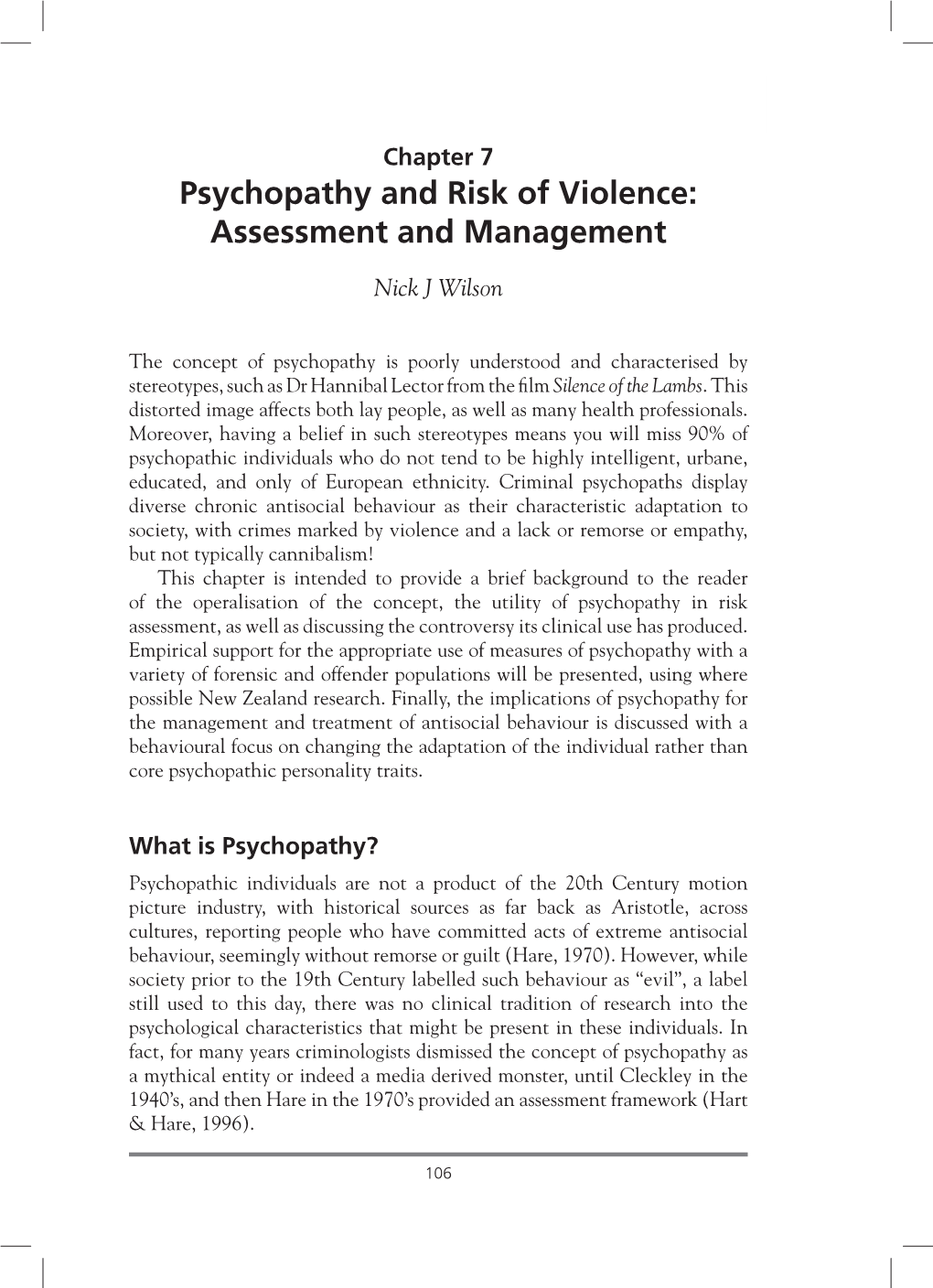 Psychopathy and Risk of Violence: Assessment and Management