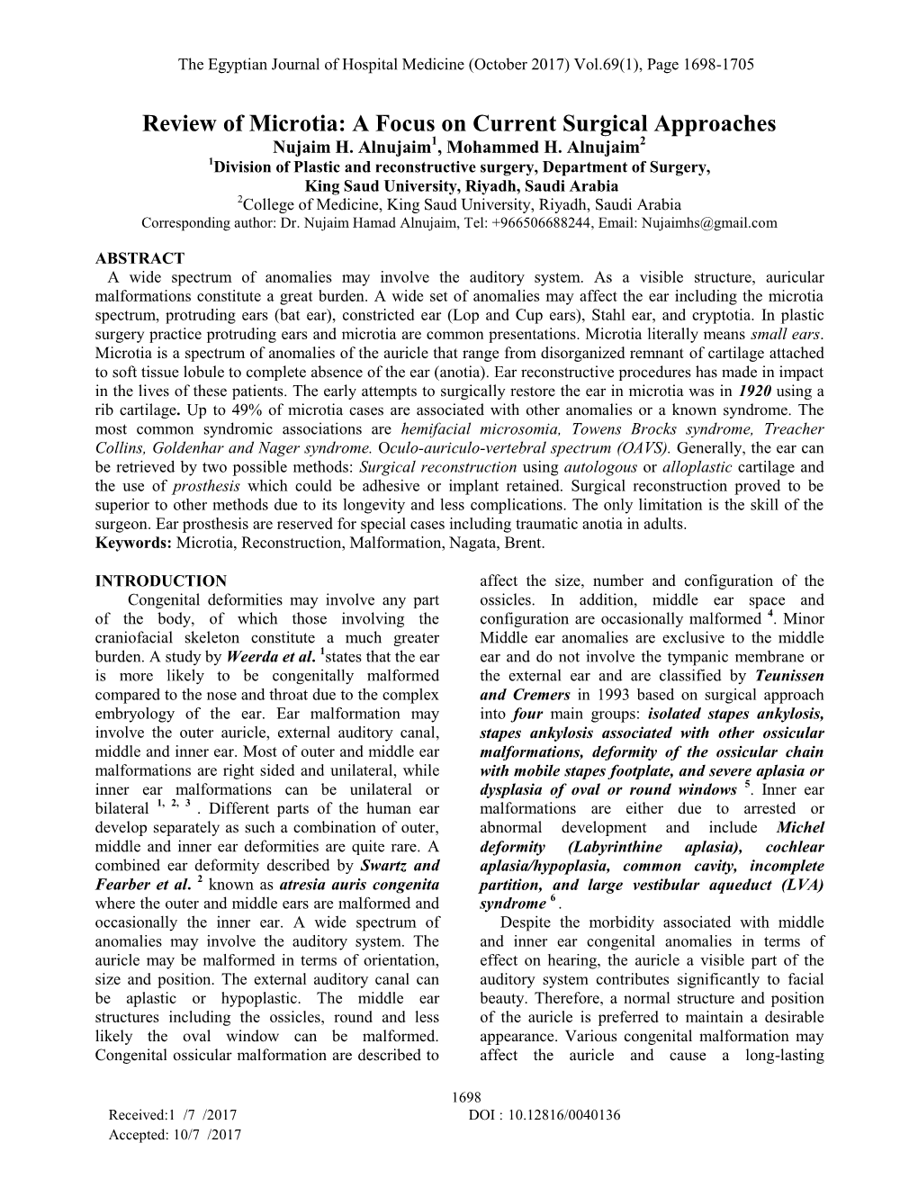 Review of Microtia: a Focus on Current Surgical Approaches Nujaim H