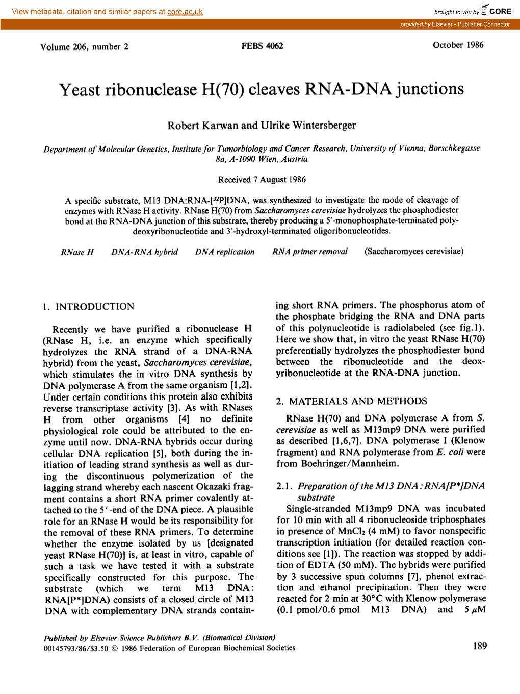 Yeast Ribonuclease H(70) Cleaves RNA-DNA Junctions