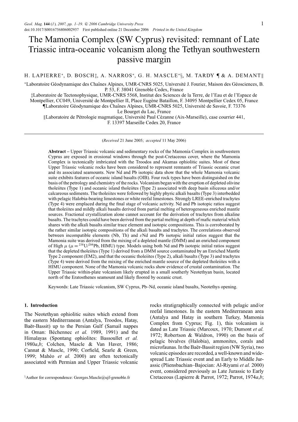 The Mamonia Complex (SW Cyprus) Revisited: Remnant of Late Triassic Intra-Oceanic Volcanism Along the Tethyan Southwestern Passive Margin