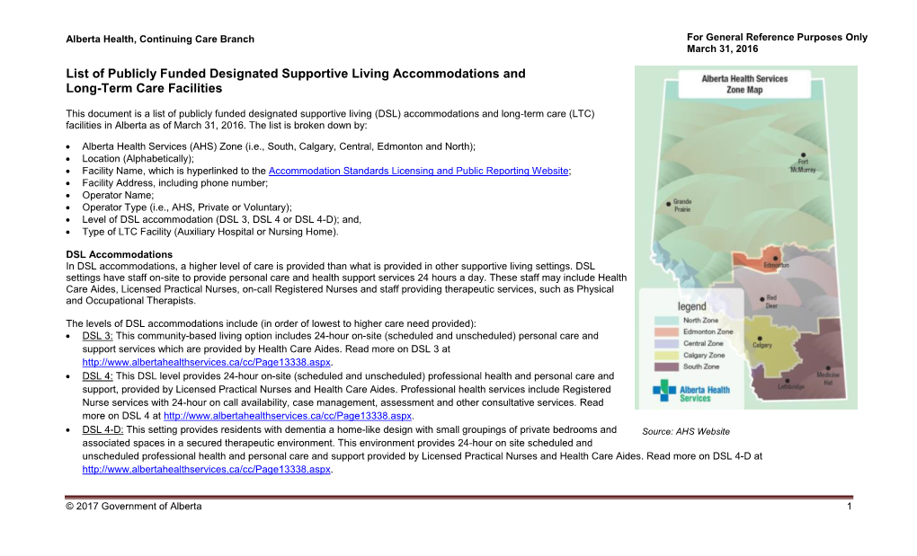 List of Publicly Funded Designated Supportive Living Accommodations and Long-Term Care Facilities