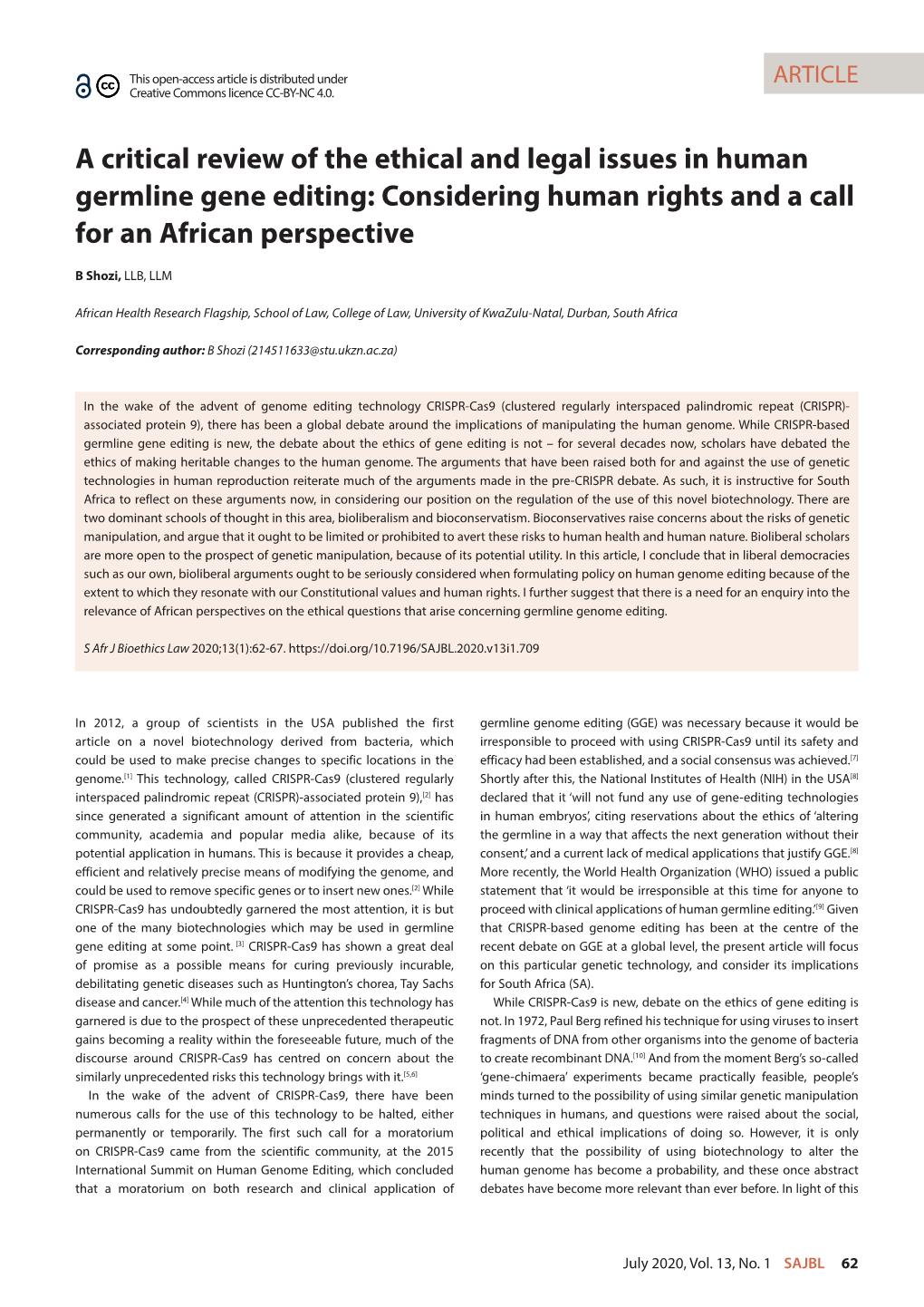 A Critical Review of the Ethical and Legal Issues in Human Germline Gene Editing: Considering Human Rights and a Call for an African Perspective