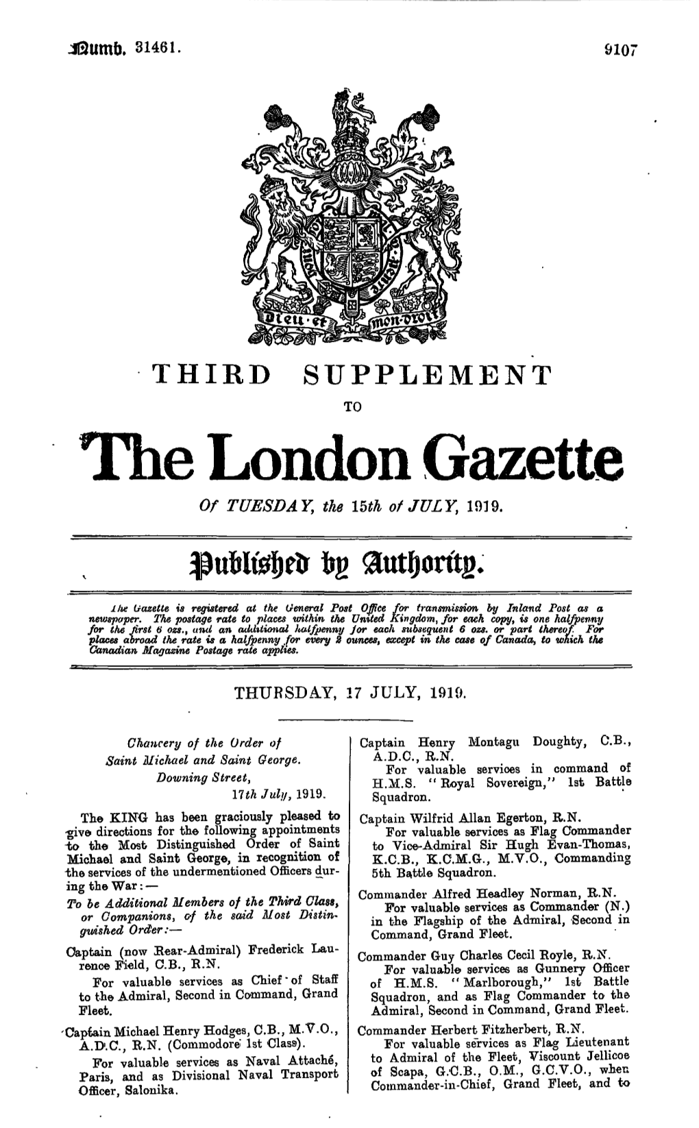 The London Gazette of TUESDAY, the 15Th of JULY, 1919