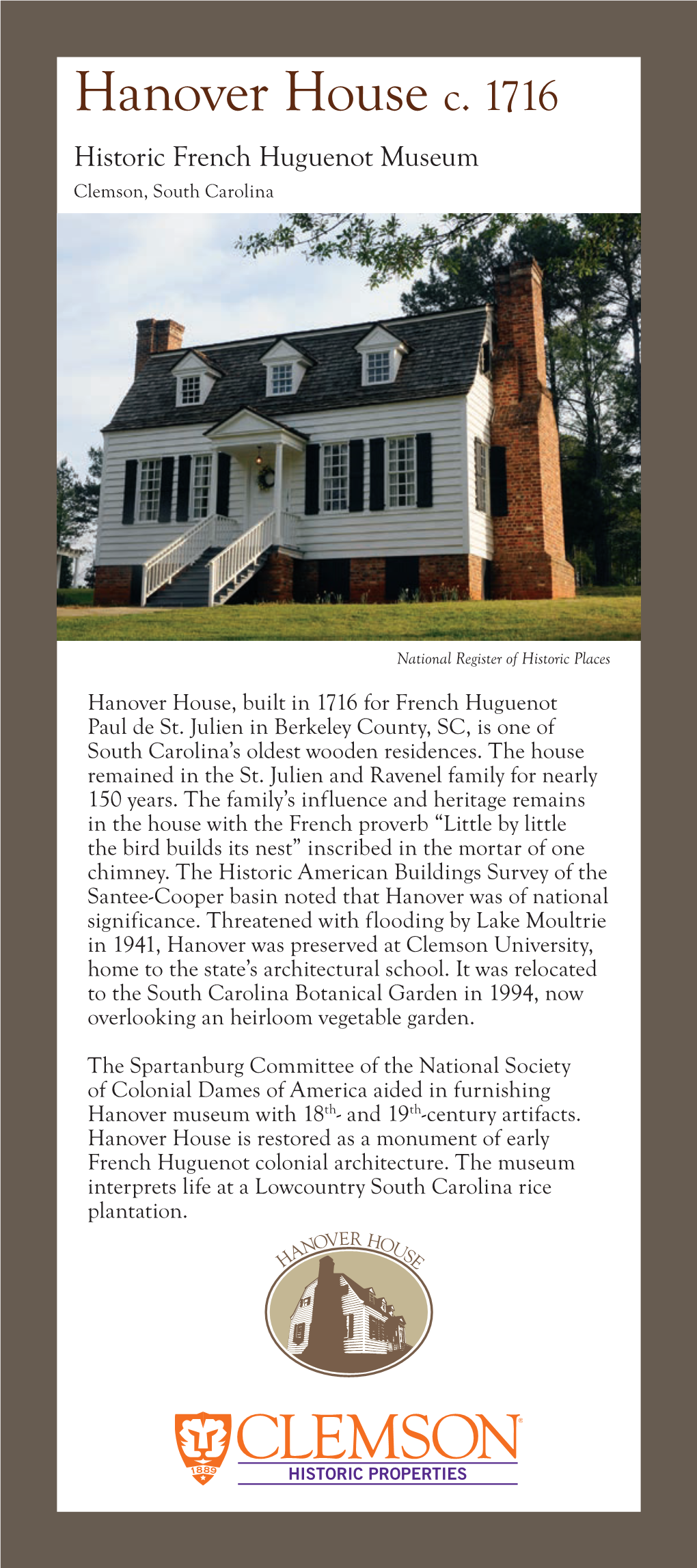 Hanover House C. 1716 Historic French Huguenot Museum Clemson, South Carolina