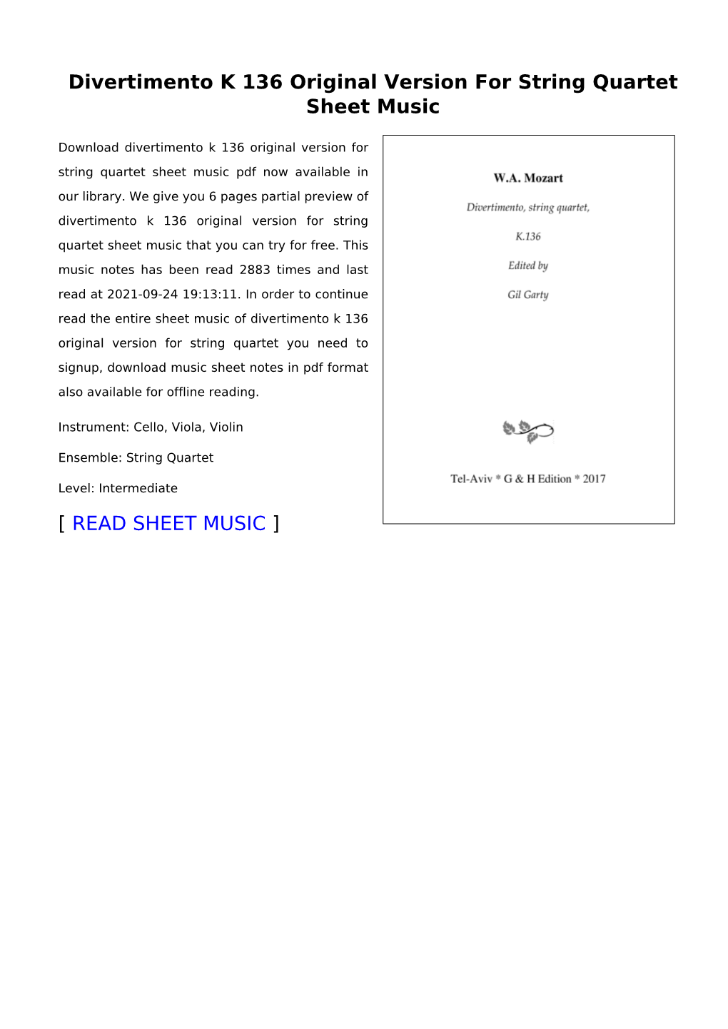 Divertimento K 136 Original Version for String Quartet Sheet Music