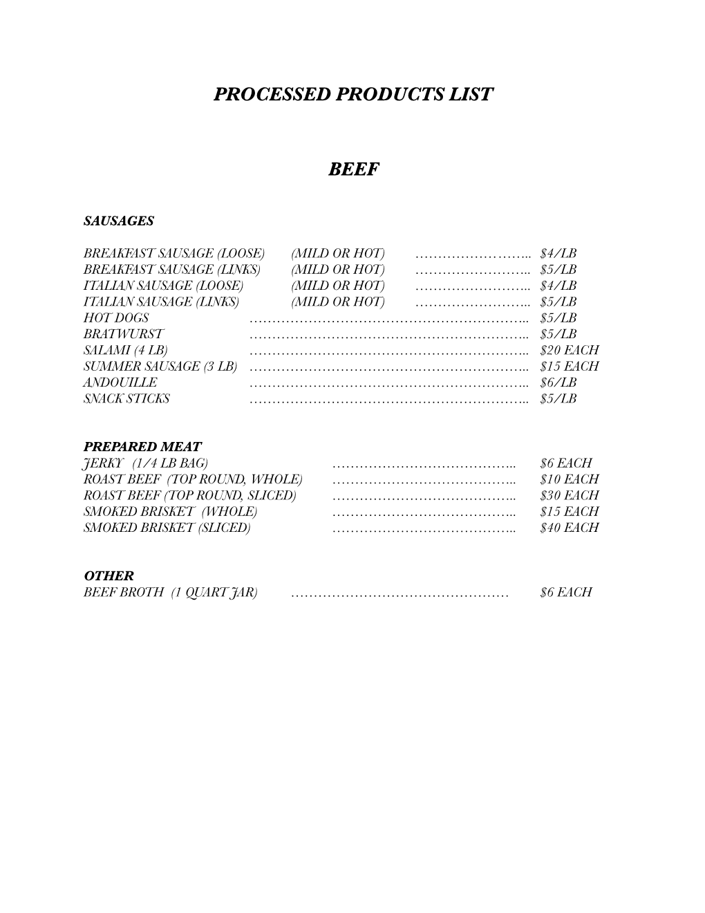 Processed Products List Beef