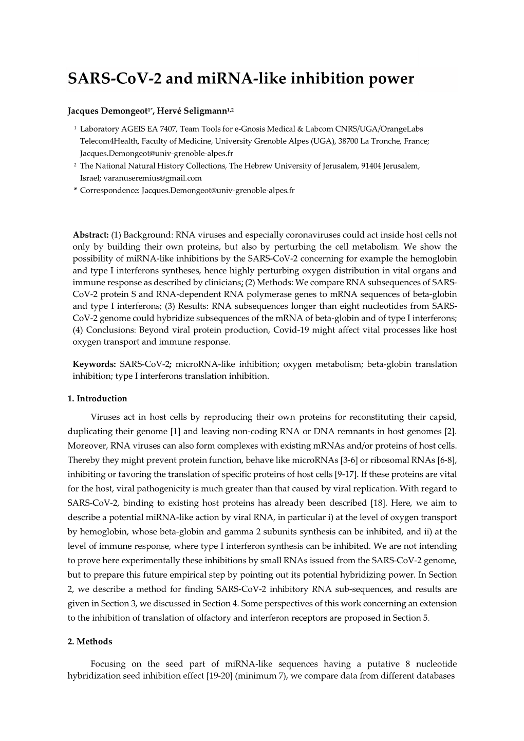 SARS-Cov-2 and Mirna-Like Inhibition Power