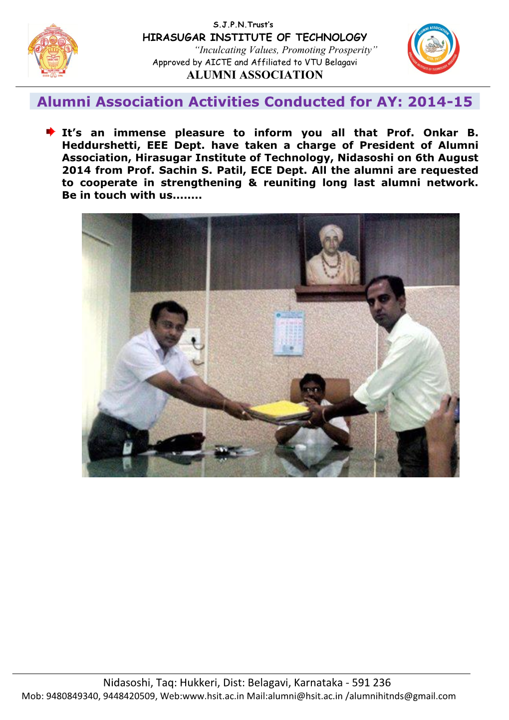 Alumni Association Activities Conducted for AY: 2014-15
