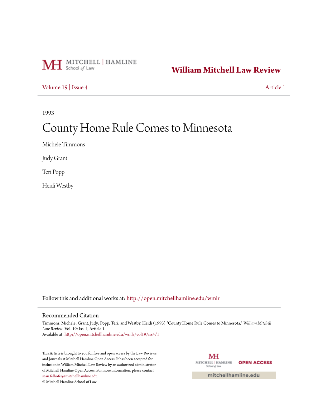 County Home Rule Comes to Minnesota Michele Timmons