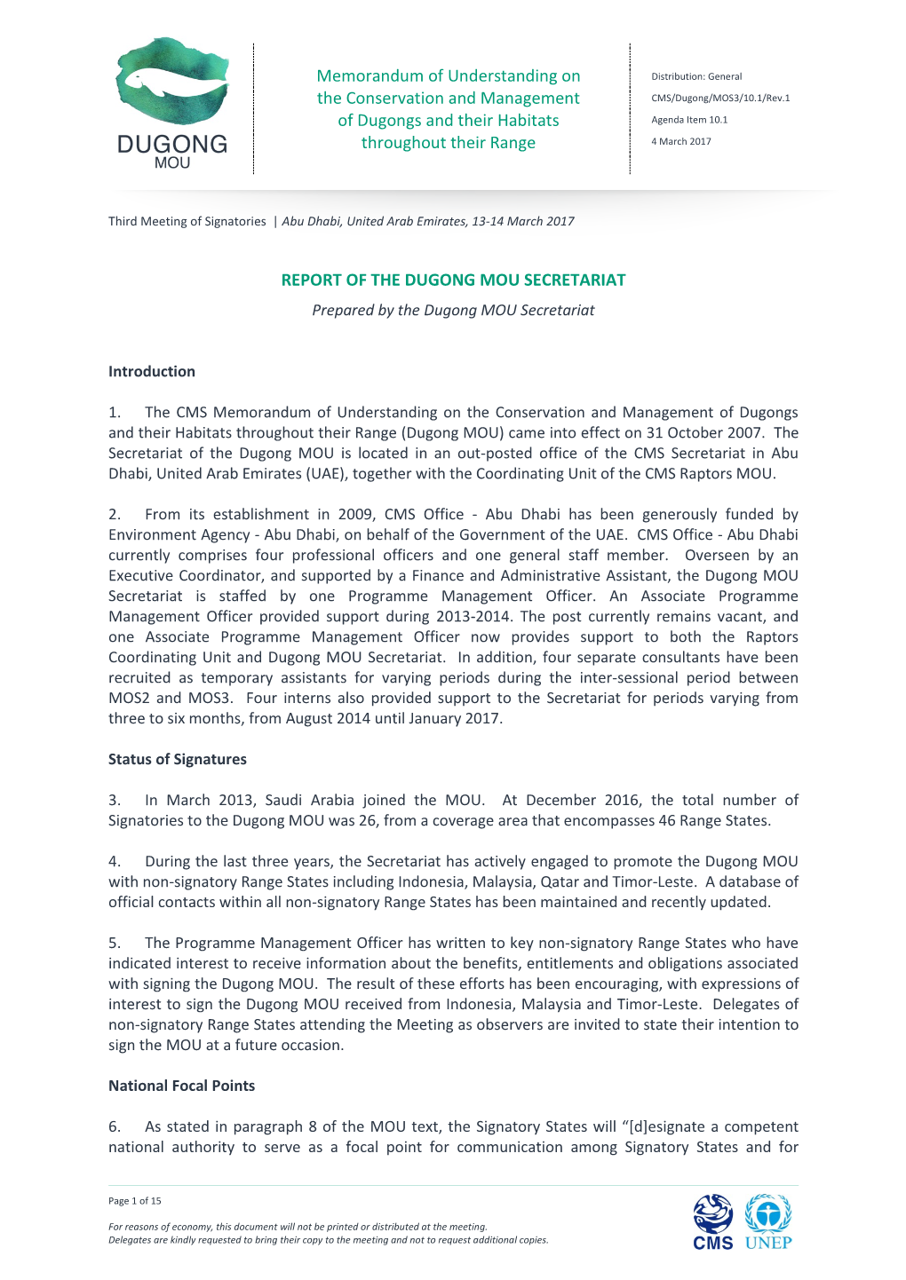 REPORT of the DUGONG MOU SECRETARIAT Prepared by the Dugong MOU Secretariat