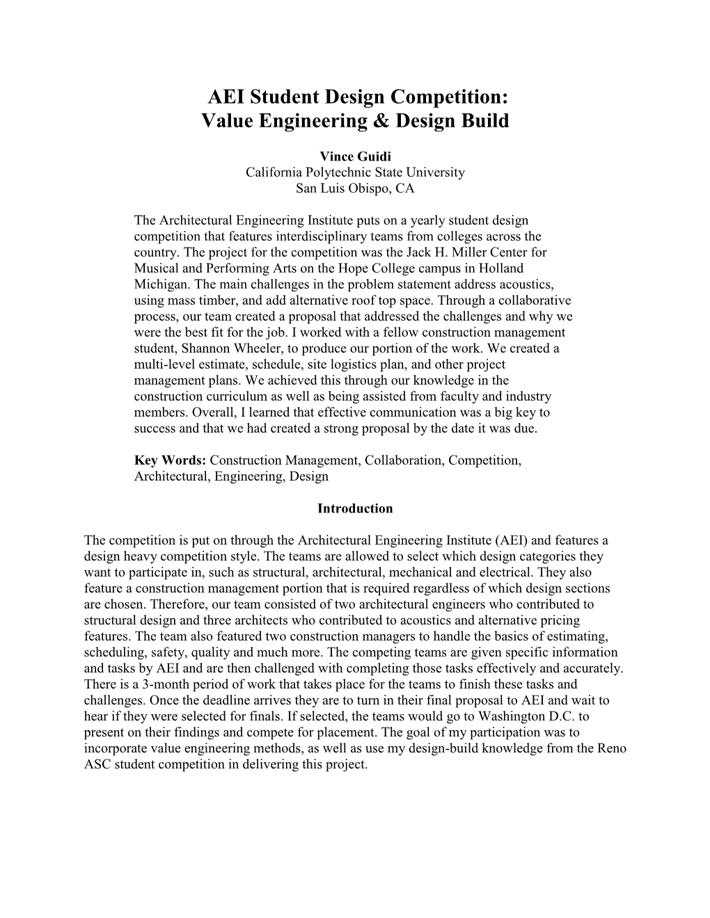 AEI Student Design Competition: Value Engineering & Design Build