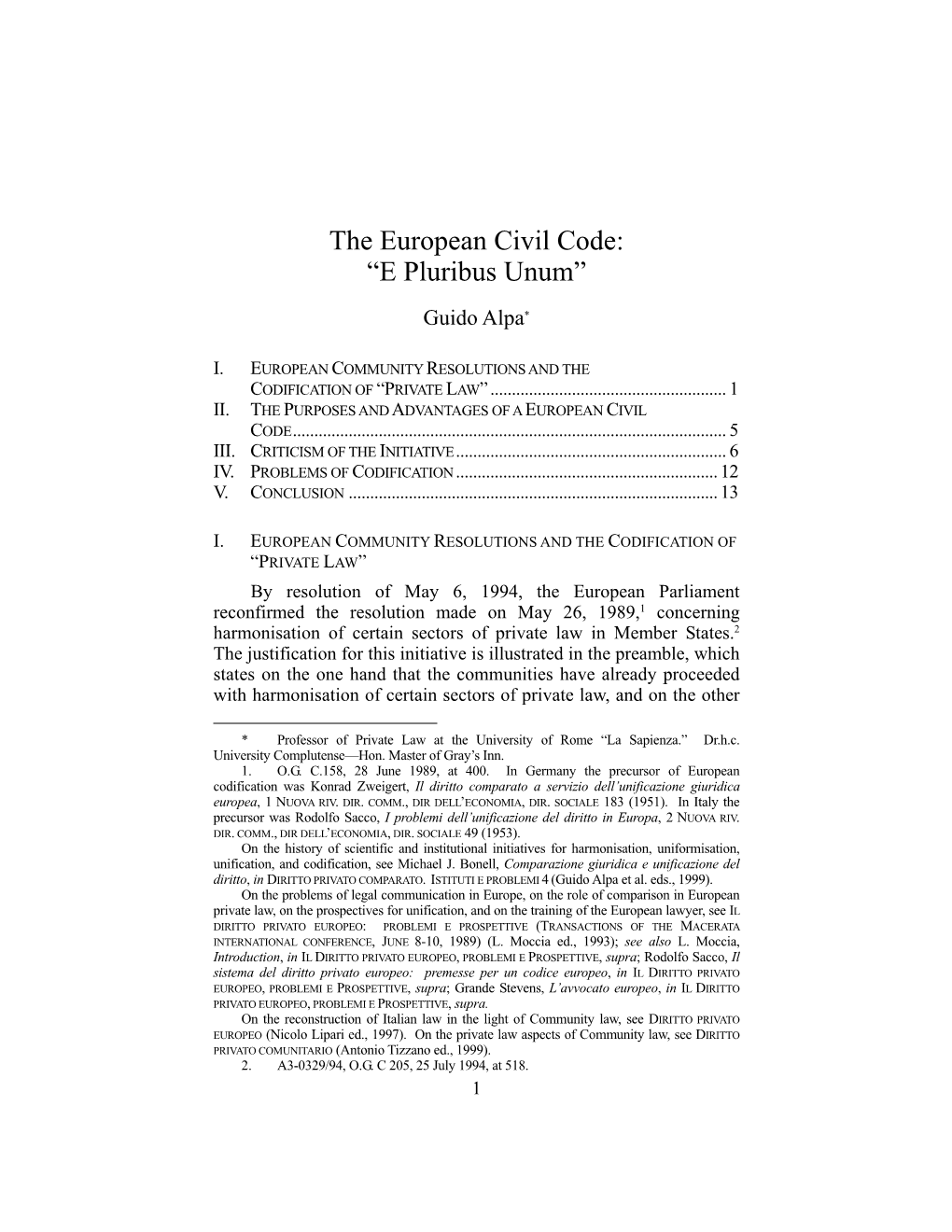 The European Civil Code: “E Pluribus Unum”