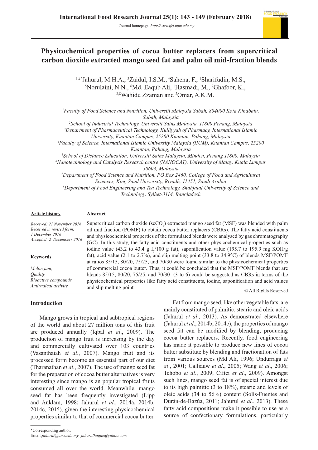 Physicochemical Properties of Cocoa Butter Replacers from Supercritical Carbon Dioxide Extracted Mango Seed Fat and Palm Oil Mid-Fraction Blends