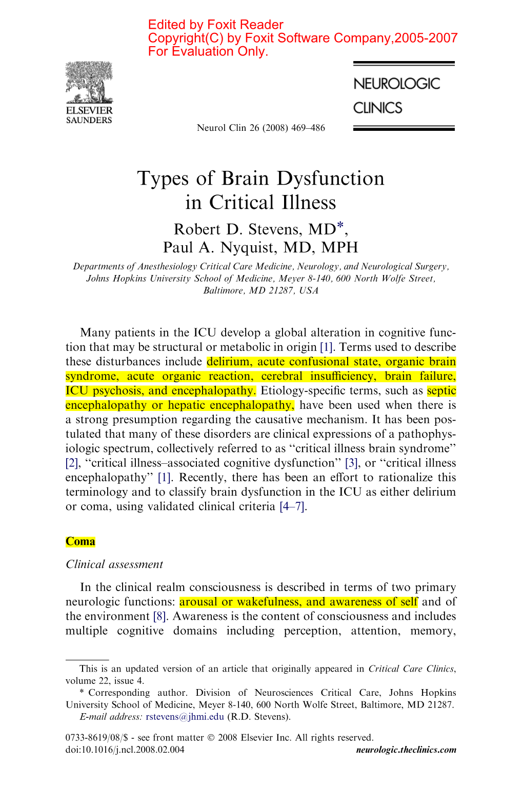 Types of Brain Dysfunction in Critical Illness Robert D