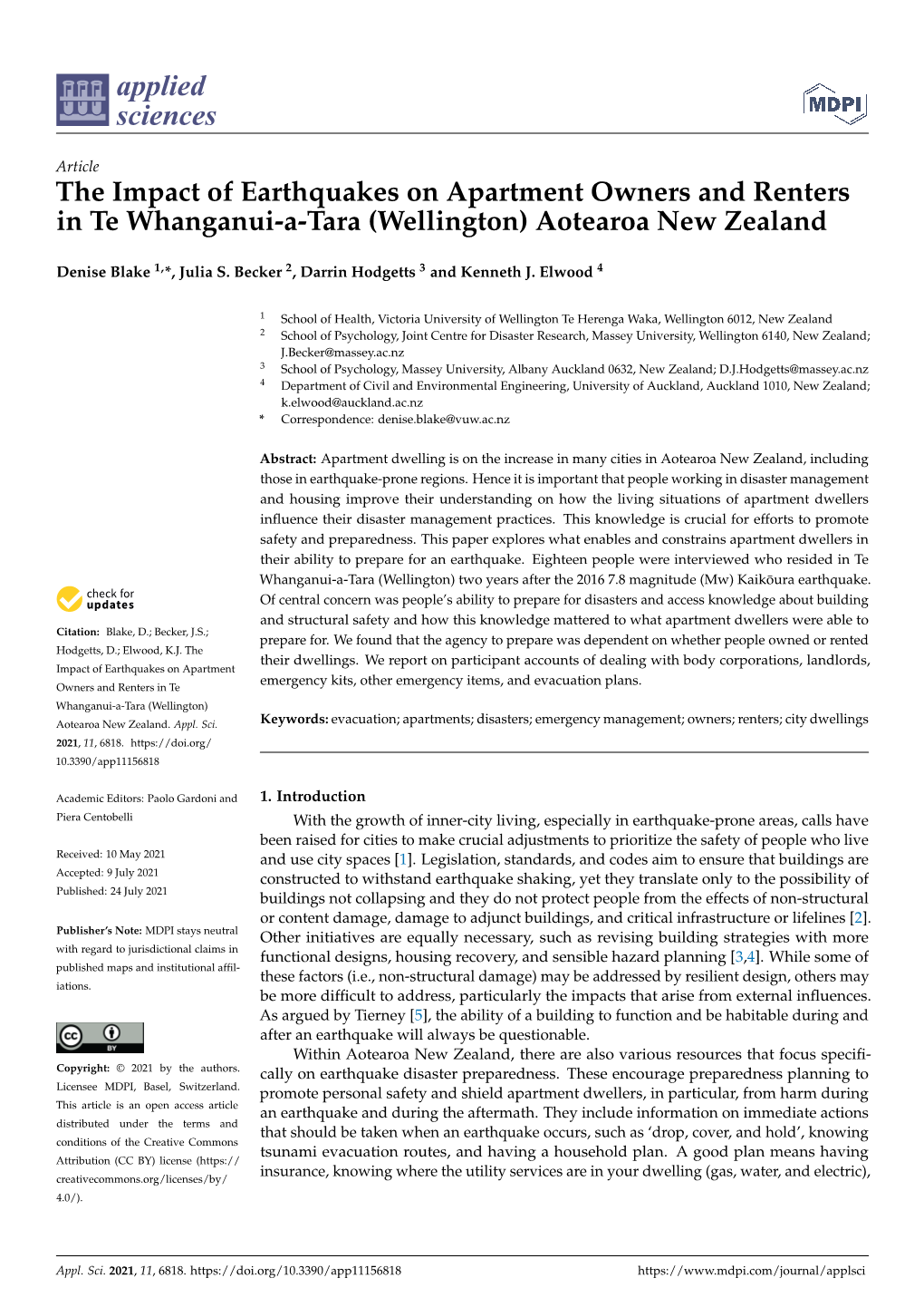 The Impact of Earthquakes on Apartment Owners and Renters in Te Whanganui-A-Tara (Wellington) Aotearoa New Zealand