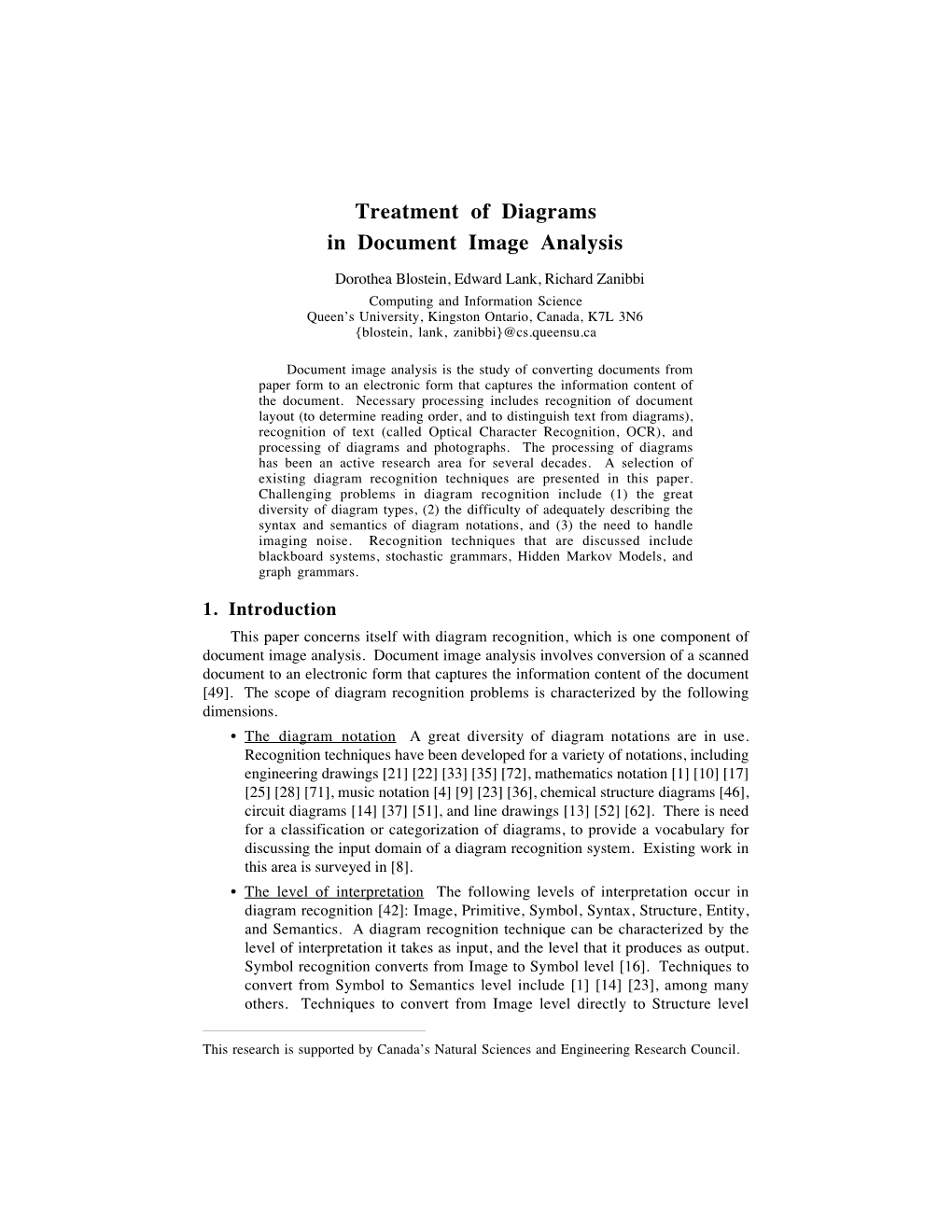 Treatment of Diagrams in Document Image Analysis