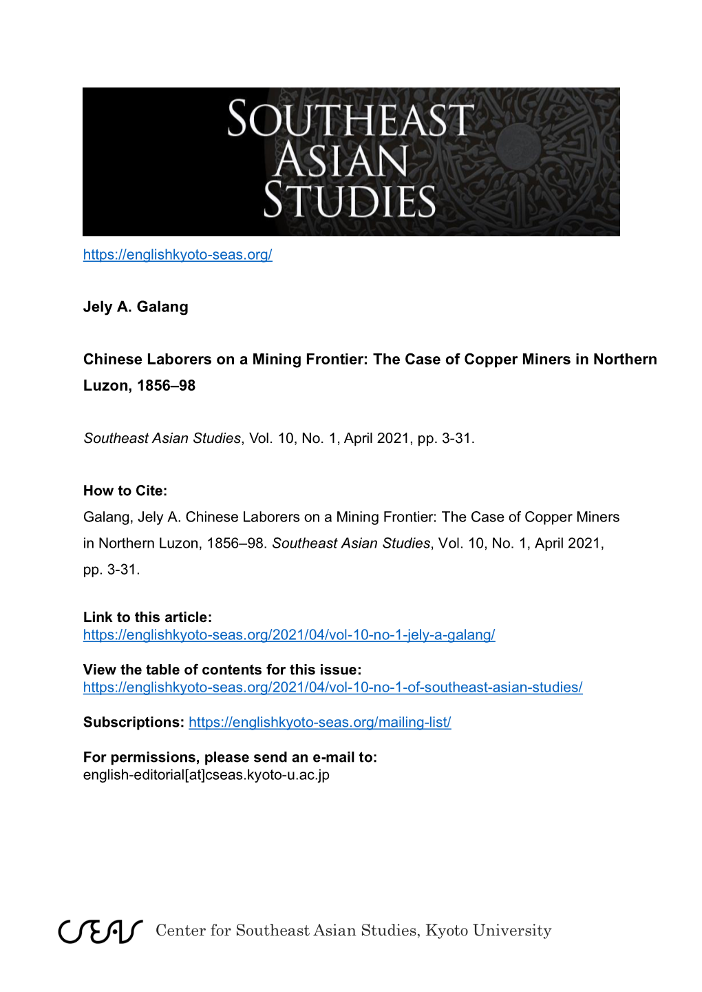 Center for Southeast Asian Studies, Kyoto University Southeast Asian Studies, Vol