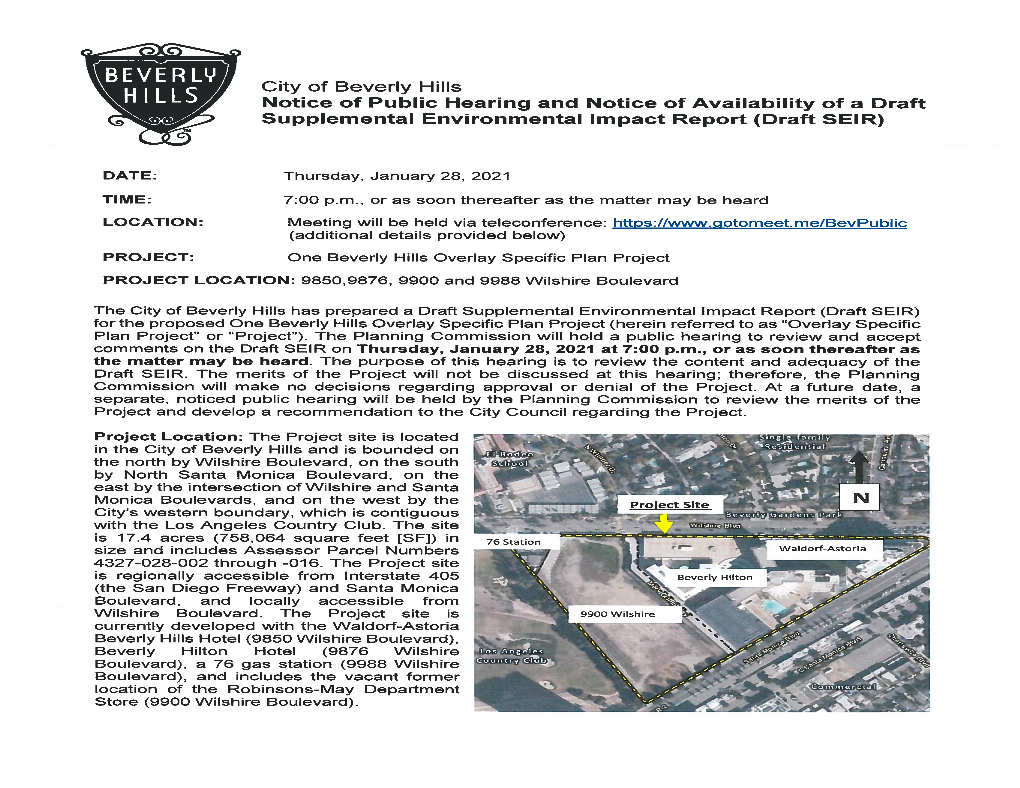 BEVRLYRLY City of Beverly Hills Notice of Public Hearing and Notice of Availability of a Draft Supplemental Environmental Impact Report (Draft SEIR)