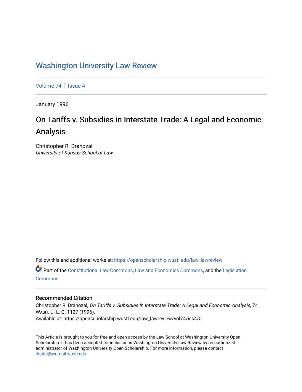 On Tariffs V. Subsidies in Interstate Trade: a Legal and Economic Analysis