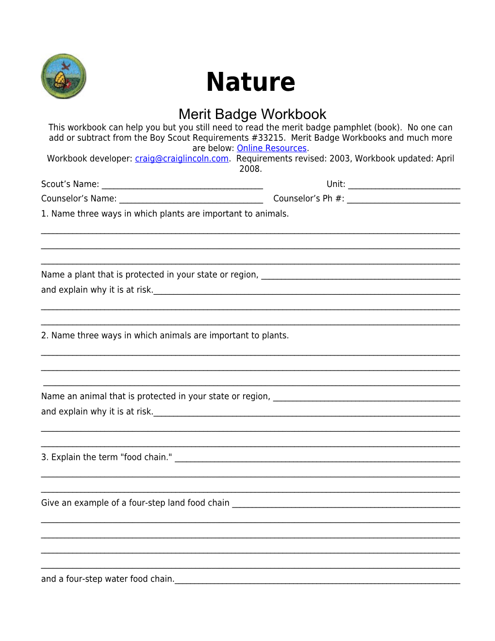 Nature P. 4 Merit Badge Workbook Scout's Name: ______