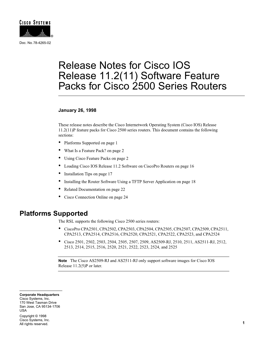 Release Notes for Cisco IOS Release 11.2(11) Software Feature Packs for Cisco 2500 Series Routers