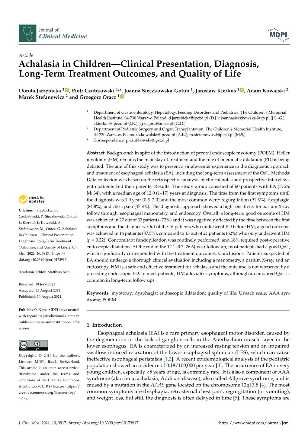 Achalasia in Children—Clinical Presentation, Diagnosis, Long-Term Treatment Outcomes, and Quality of Life