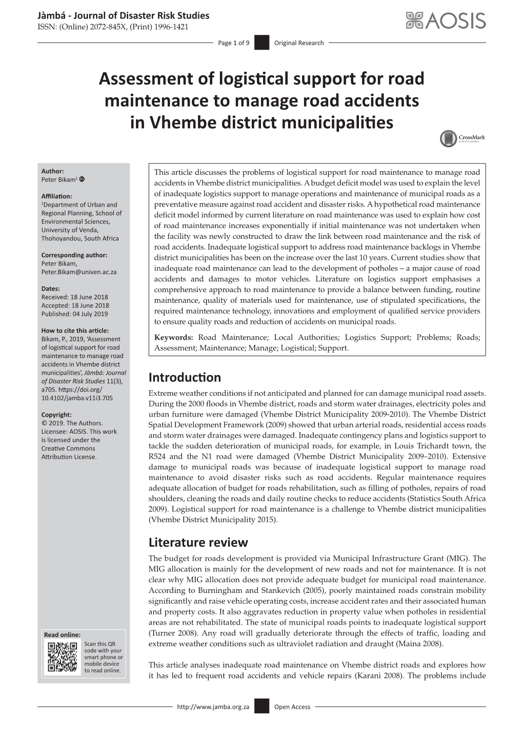 Assessment of Logistical Support for Road Maintenance to Manage Road Accidents in Vhembe District Municipalities